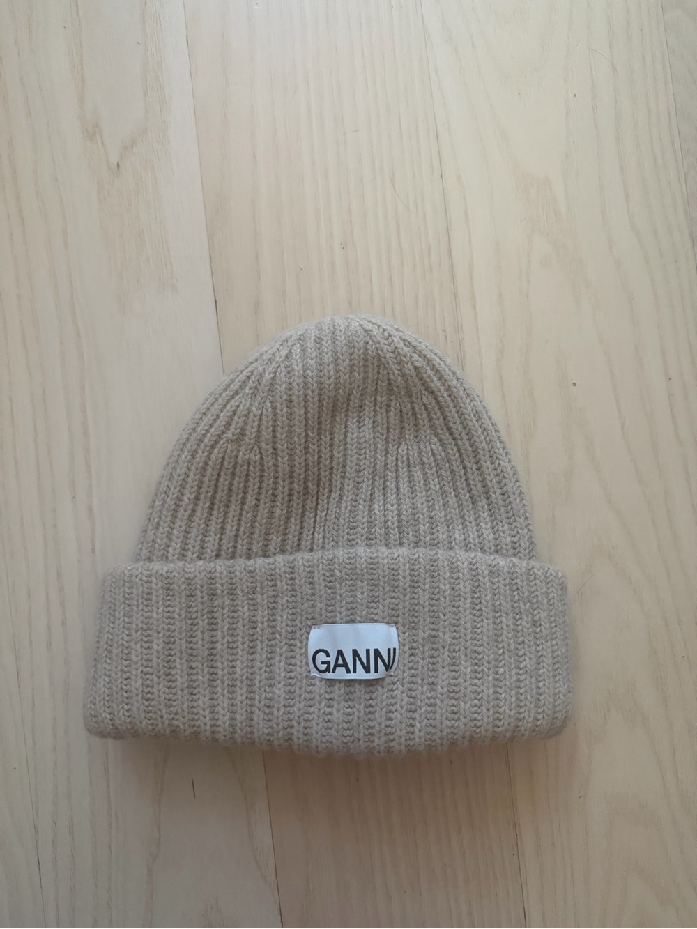 GANNI Cream Ribbed Knit Beanie